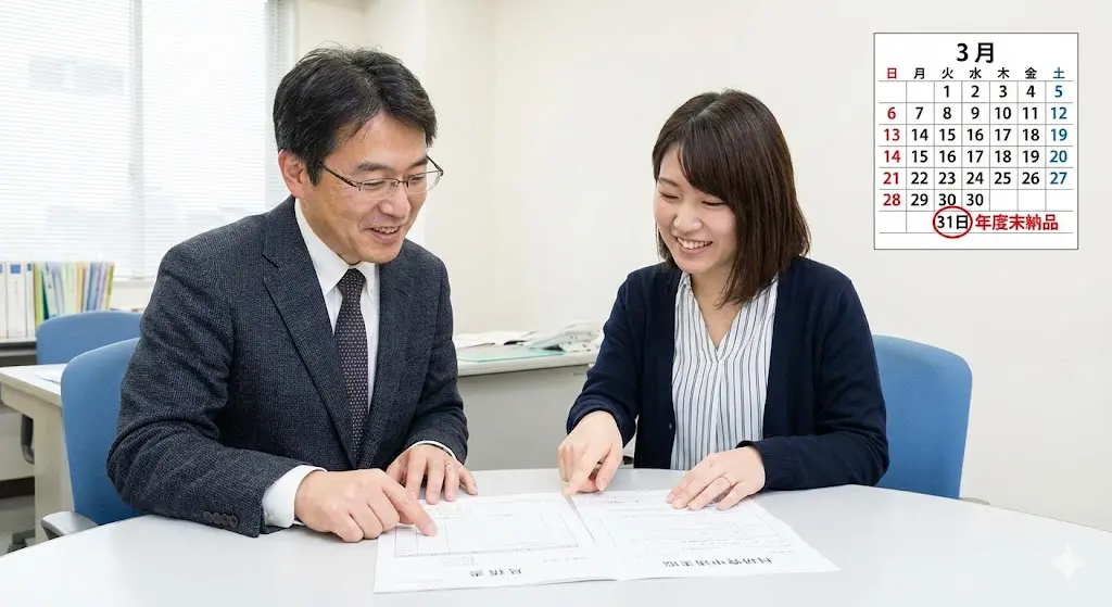 大学の事務室で見積書と科研費申請書類を確認する様子