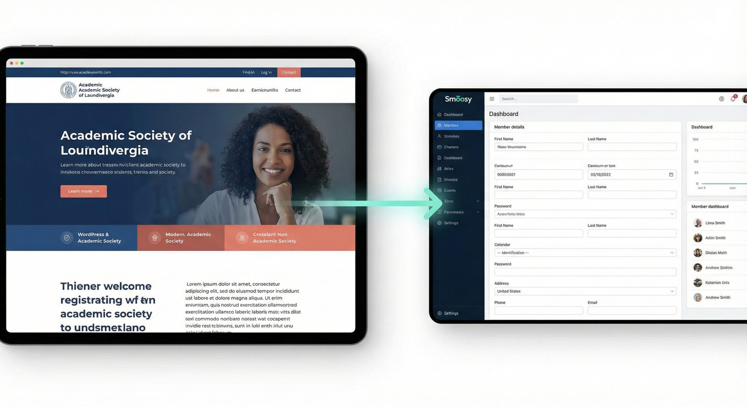 デザイン性の高いWordPressのHPと、機能的な外部会員管理システムがスマートに連携しているイメージ図