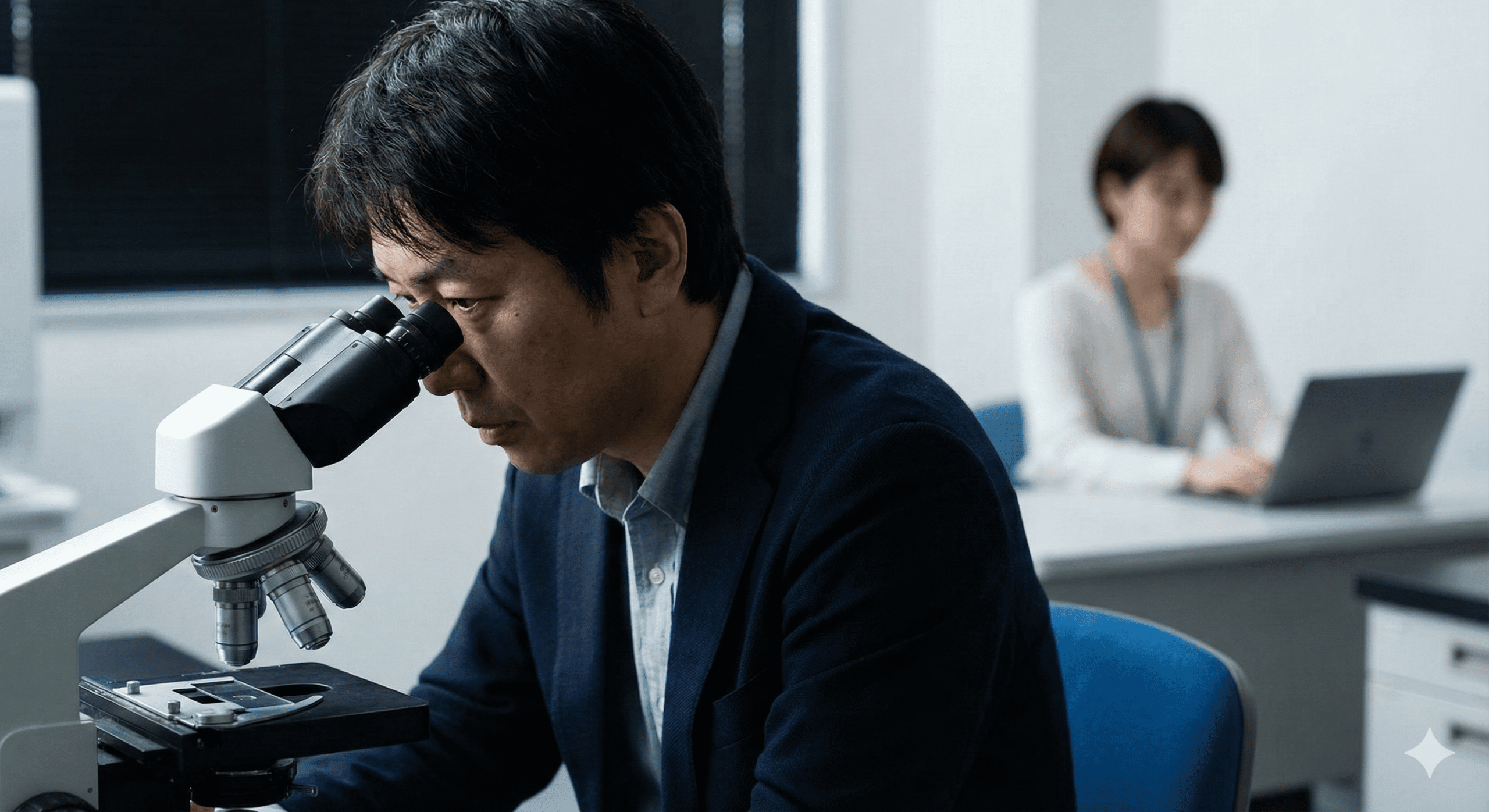 研究者が顕微鏡を覗き込んで研究に集中し、その背後でDIKスタッフがPC作業で支えている様子