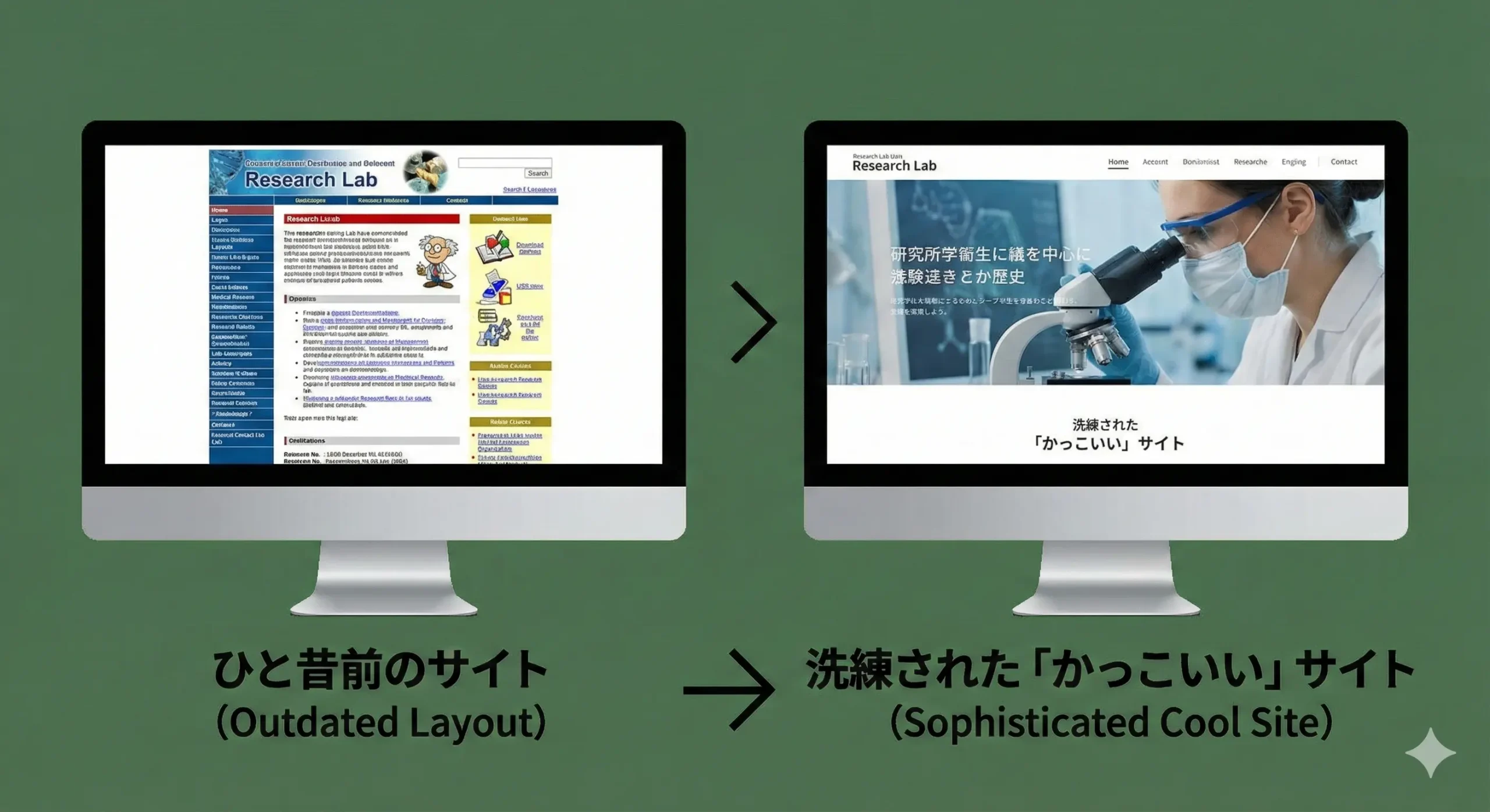 ひと昔前の研究室サイトと、洗練された現代的なサイトの比較