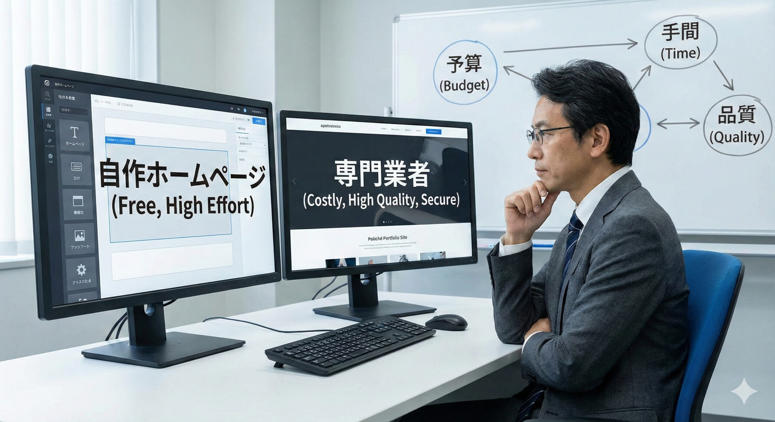 学会事務局の担当者がパソコン画面でサービスの比較表を見ながら真剣に検討している様子