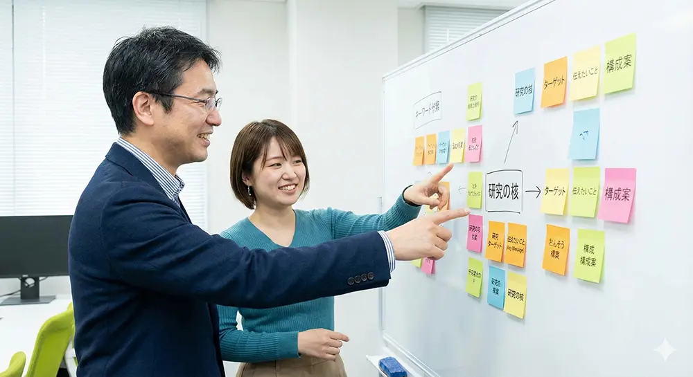 ディーアイケイのスタッフが研究者にヒアリングを行い、情報を整理・構造化している様子