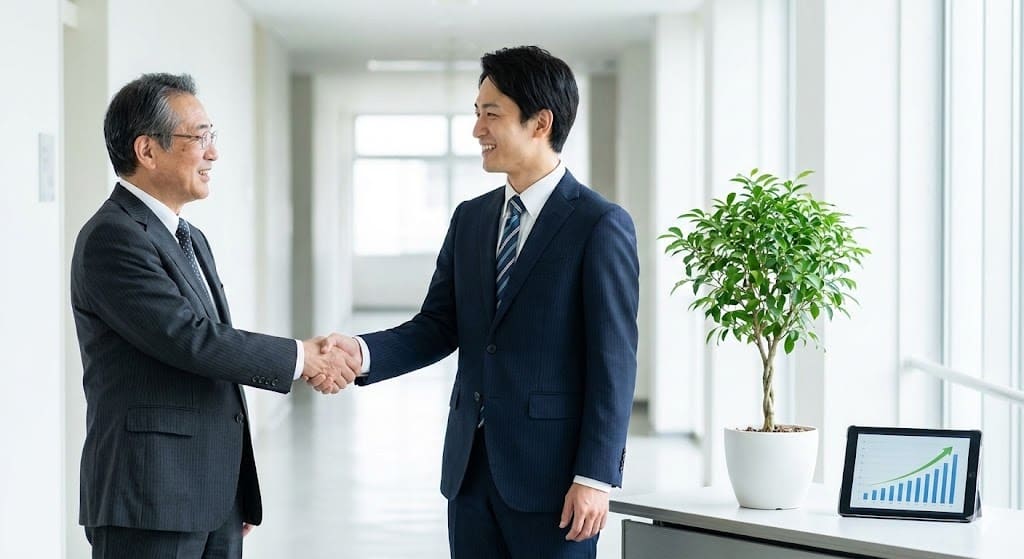 大学の廊下で教授とDIKスタッフが握手を交わし、植物の成長と共に長期的なパートナーシップを確認し合う様子