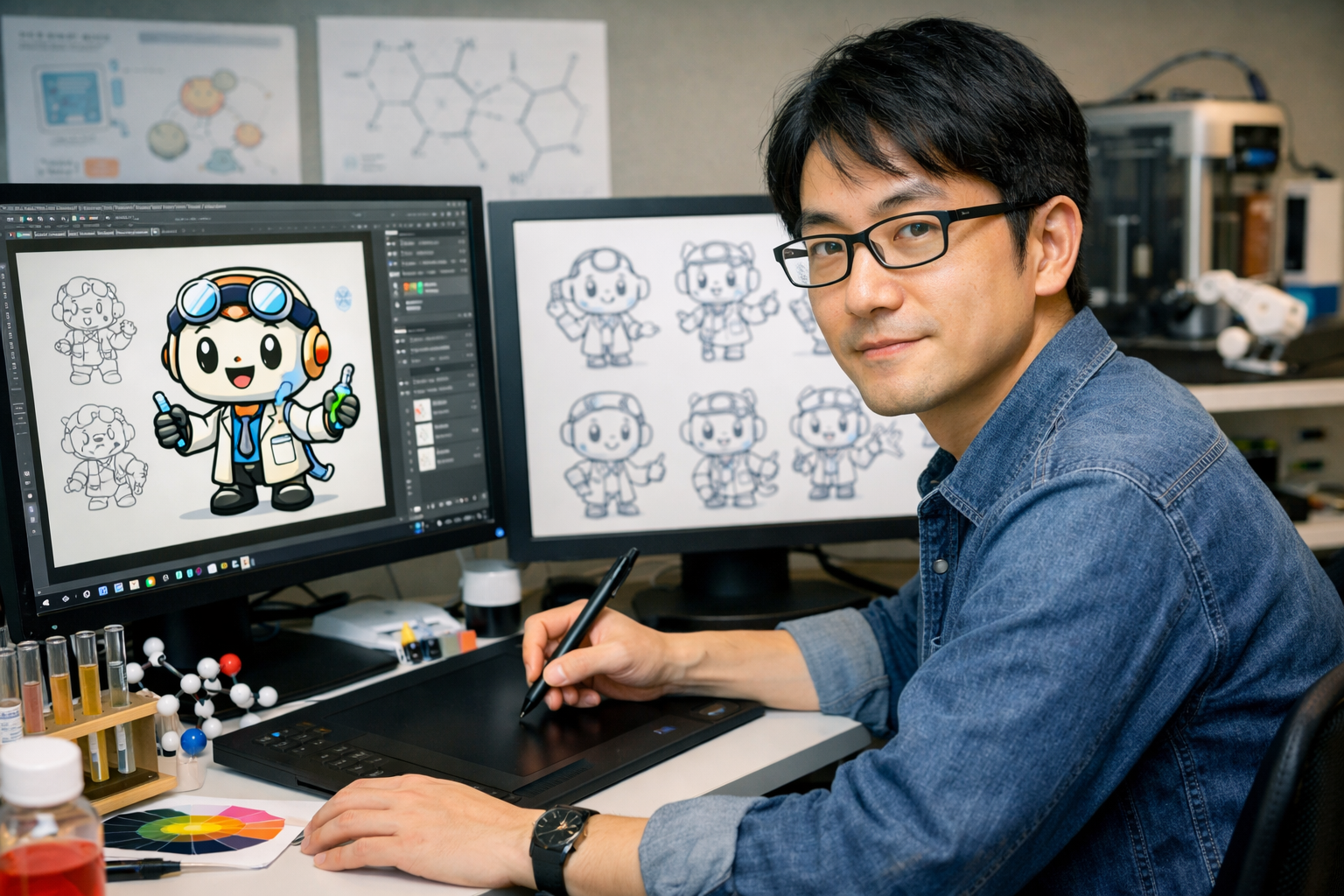 研究者がキャラクターをデザインしているイメージ