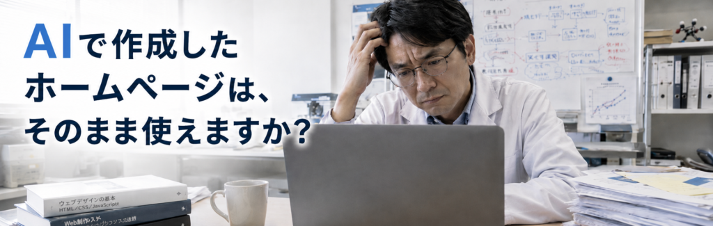 研究者がAIでホームページを作成して悩んでいる画像。